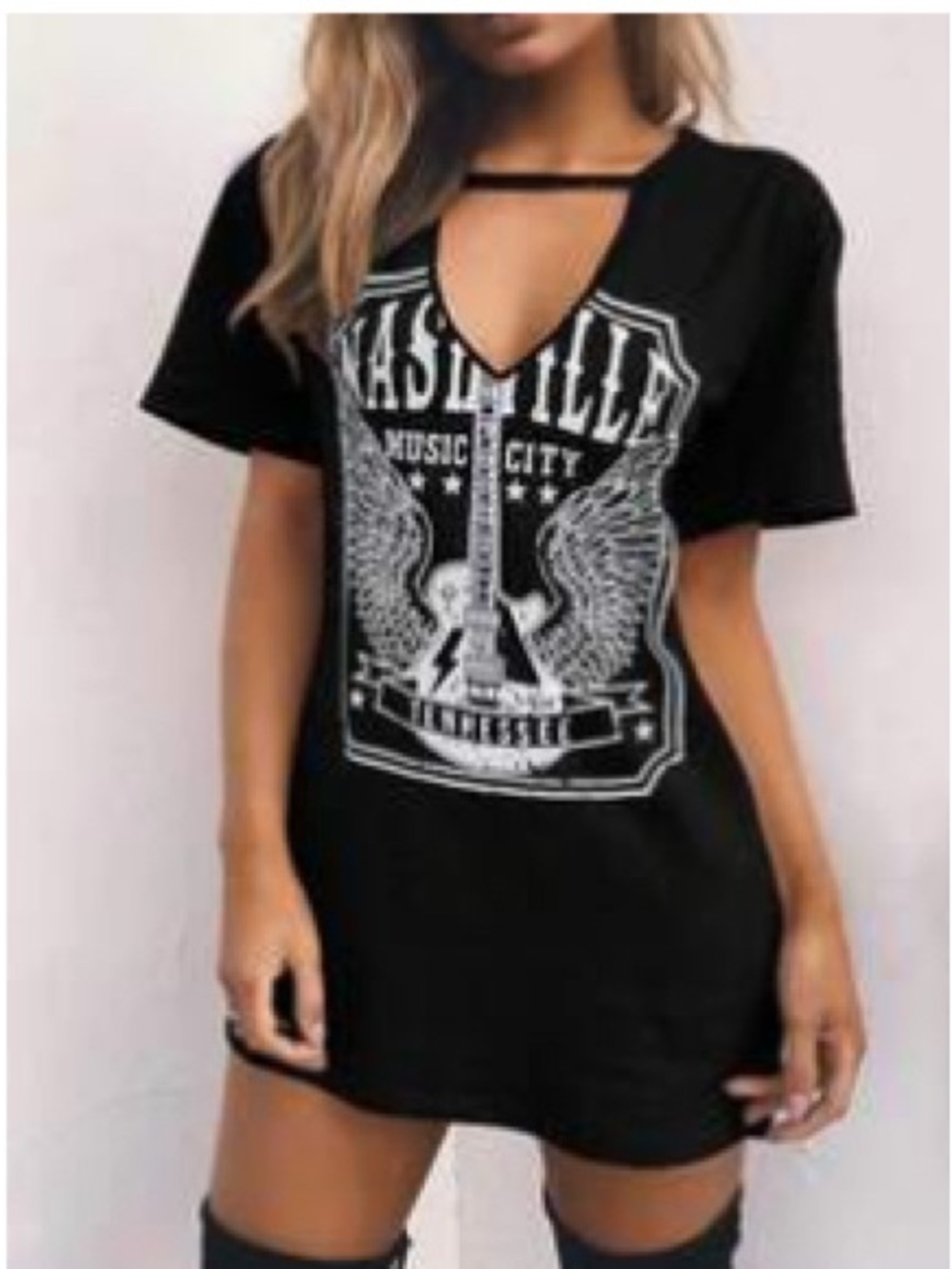 SHEIN Black Nashville Graphic V‑Neck Tee